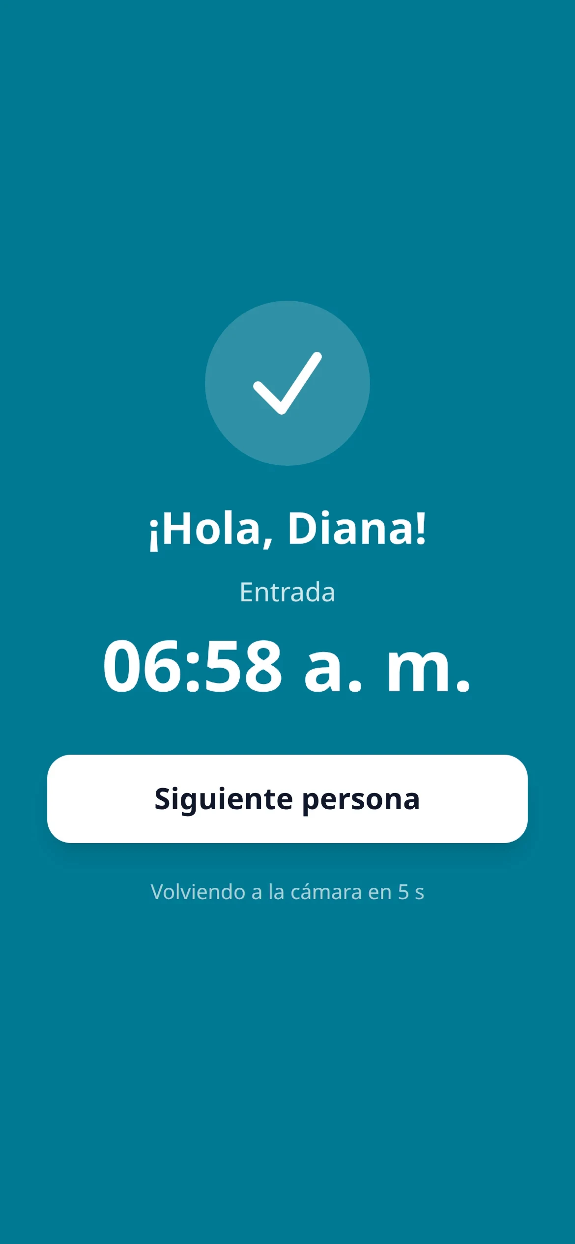 Kiosco de Bioasist en celular: ¡Hola, Diana! Entrada 06:58 a. m.