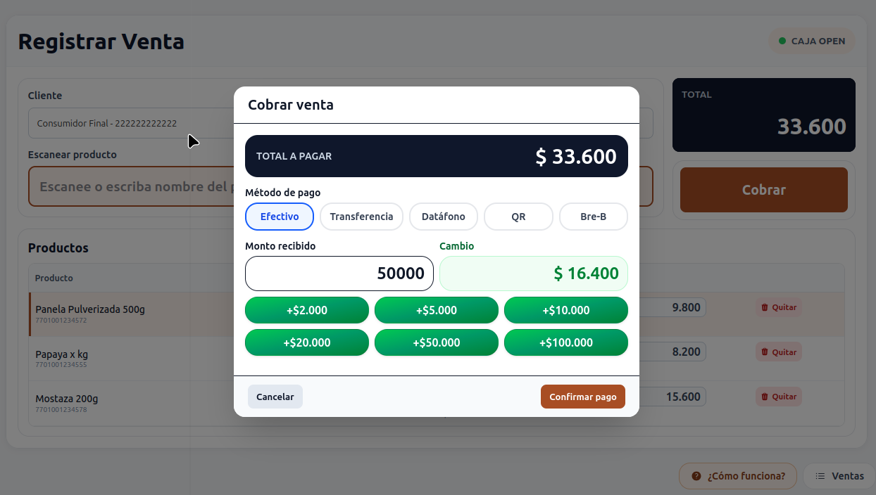 Pantalla Cobrar venta de POS-IT con el total a pagar, métodos de pago, monto recibido y cálculo automático del cambio